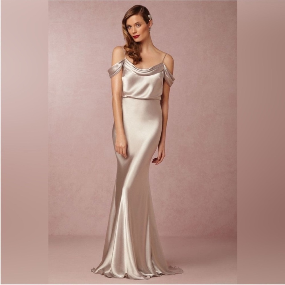 Jenny Yoo Serena Gold Satin Off Shoulder Gown Maxi Dress Bridesmaid Cowl Neck 8
